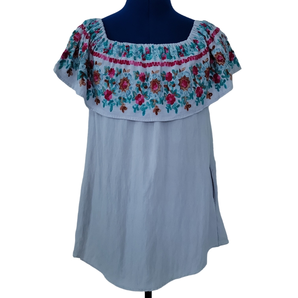 ALTAR'D STATE light blue floral embroidered boho off the shoulder top